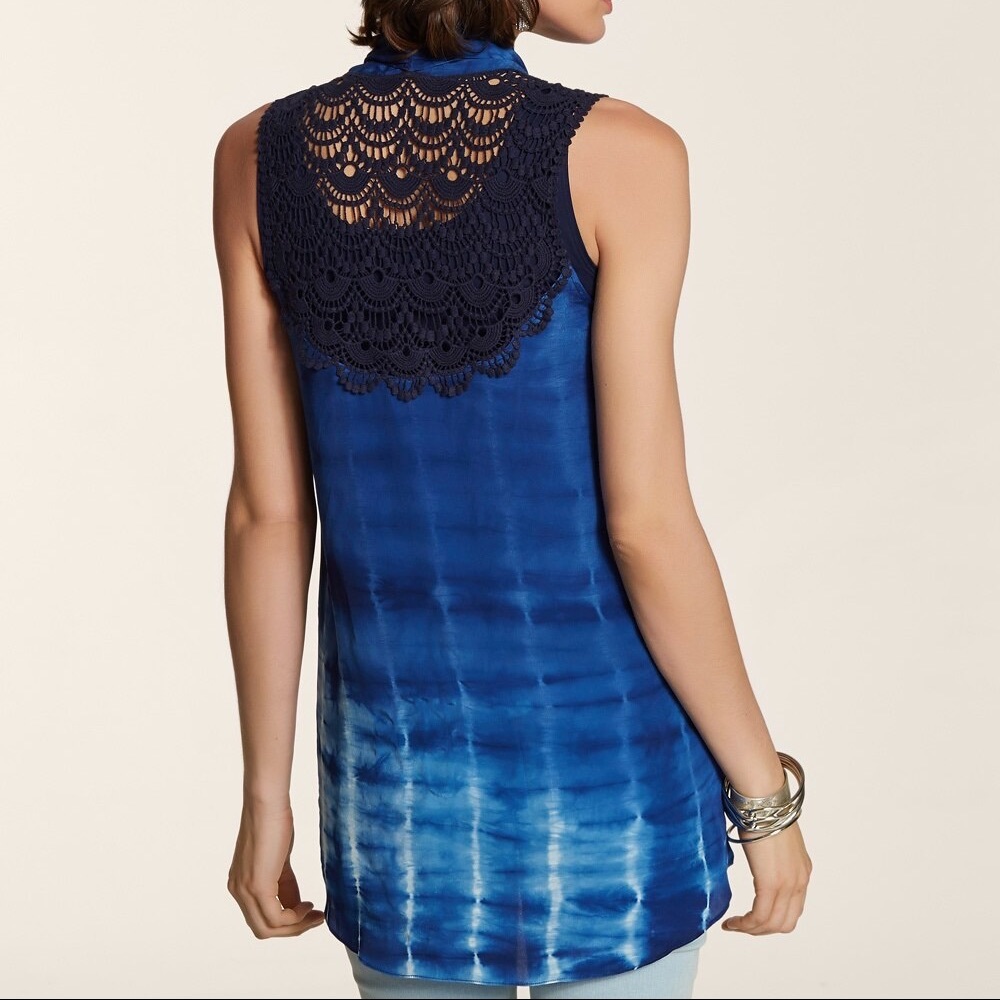 BRAND NEW Chico’s Boho Blue Tie-dye Crochet Vest Size XL - Picture 2 of 3